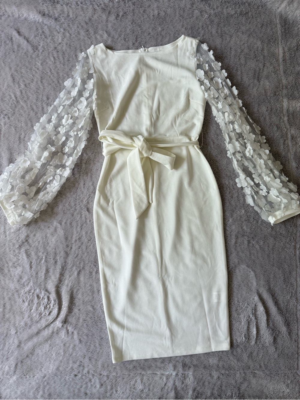 Ivory Midi Dress with 3D Floral Sheer Sleeves